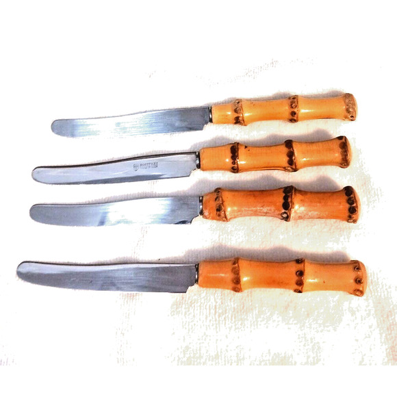 1970's 4 Set Rostfrei Solingen Butter Knives BAMBOO Handle Fruit Rare German VNT - Picture 2 of 9